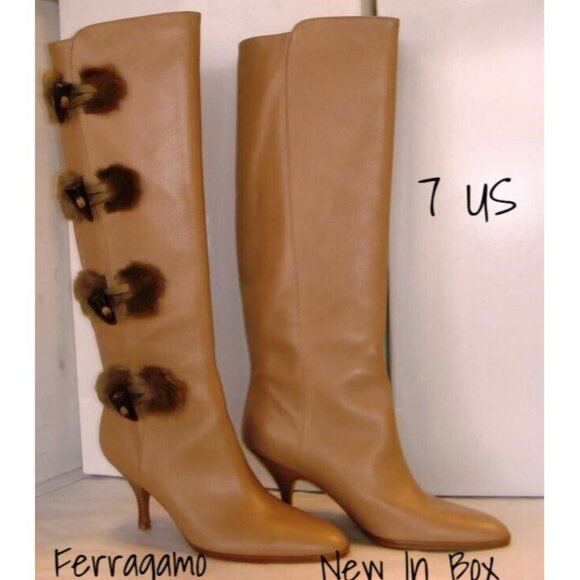 Salvatore Ferragamo Shoes - Salvatore Ferragamo Tafalla Leather Knee Toggle Fur Boots Size 7 - New With Box